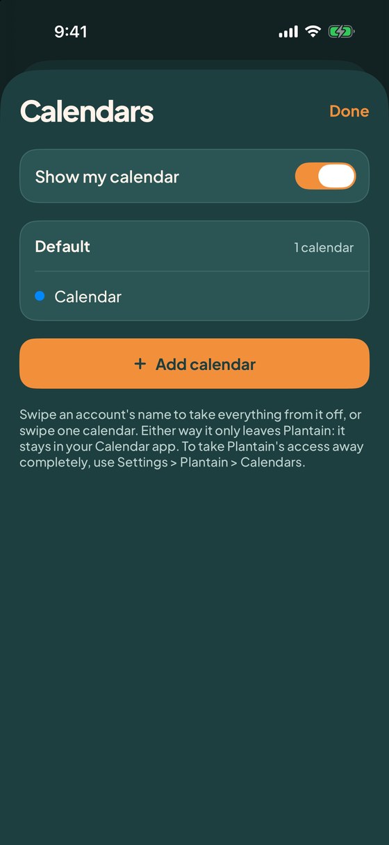 The calendars screen: Show my calendar switched on, one calendar listed under Default, and an Add calendar button.