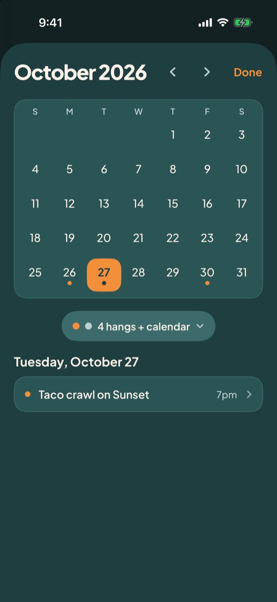 The month view for October 2026, with sun dots on days that have a hang, and Tuesday the 27th selected with Taco crawl on Sunset listed underneath.