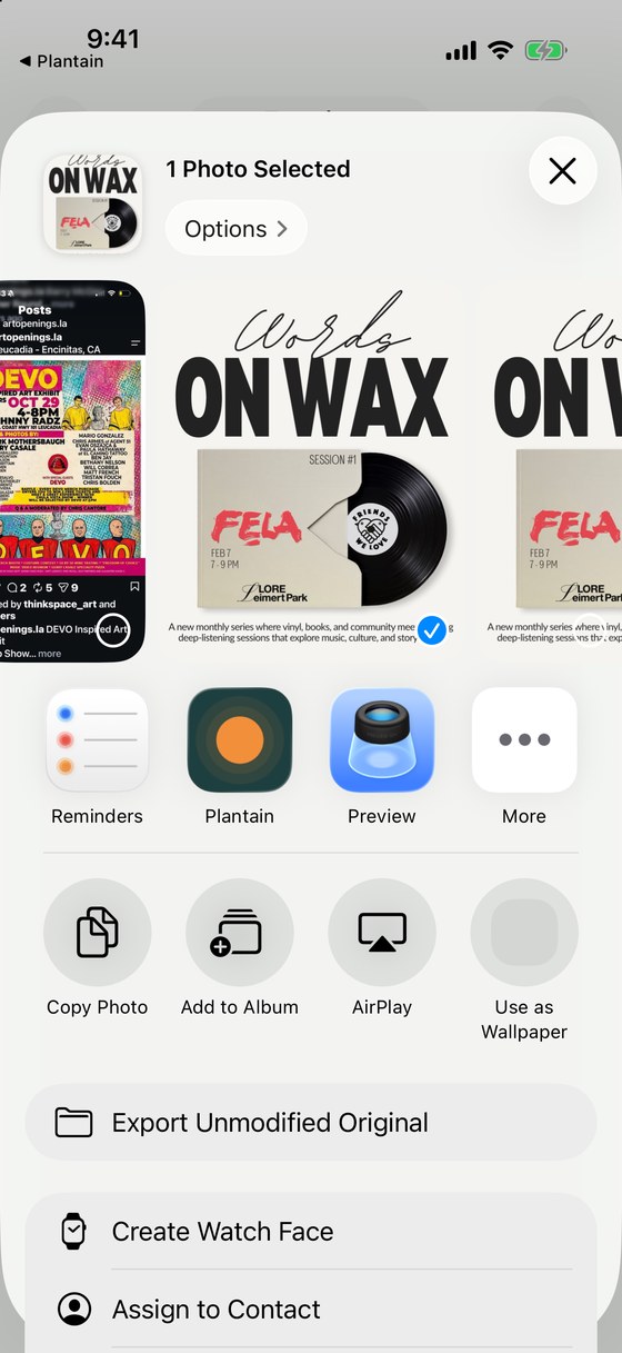 The iPhone share sheet with the Words on Wax flyer selected and Plantain in the row of apps.