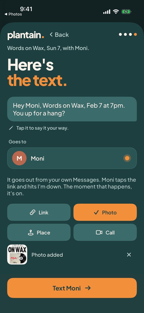 Here's the text: Hey Moni, Words on Wax, Feb 7 at 7pm. You up for a hang? with the flyer added as a photo and a Text Moni button.