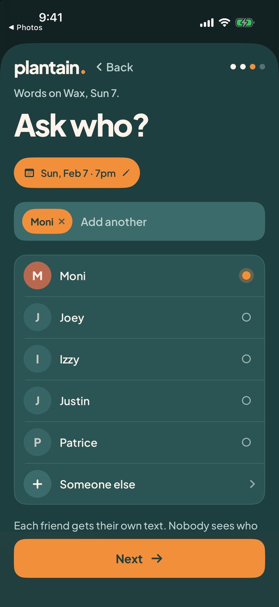 Ask who: Words on Wax, Sun, Feb 7 at 7pm, with Moni chosen from a list of friends.